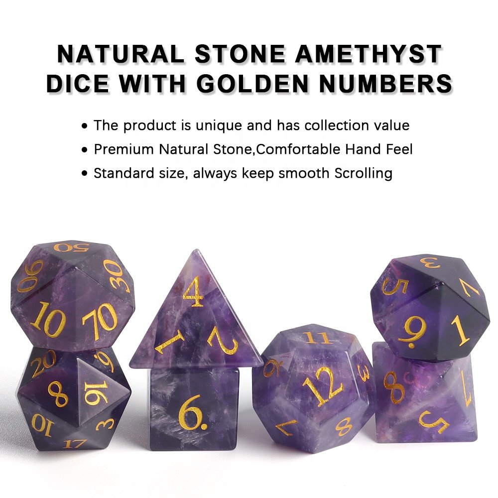 Dices Manufacturer Custom Logo Natural Stone RPG DND Polyhedral Gemstone Amethyst Dice Set