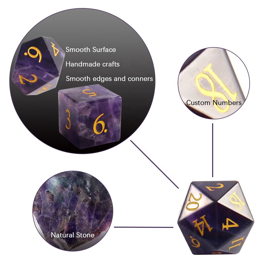 Dices Manufacturer Custom Logo Natural Stone RPG DND Polyhedral Gemstone Amethyst Dice Set