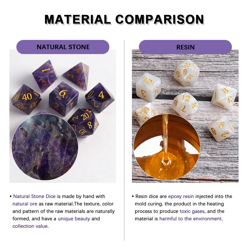 Dices Manufacturer Custom Logo Natural Stone RPG DND Polyhedral Gemstone Amethyst Dice Set
