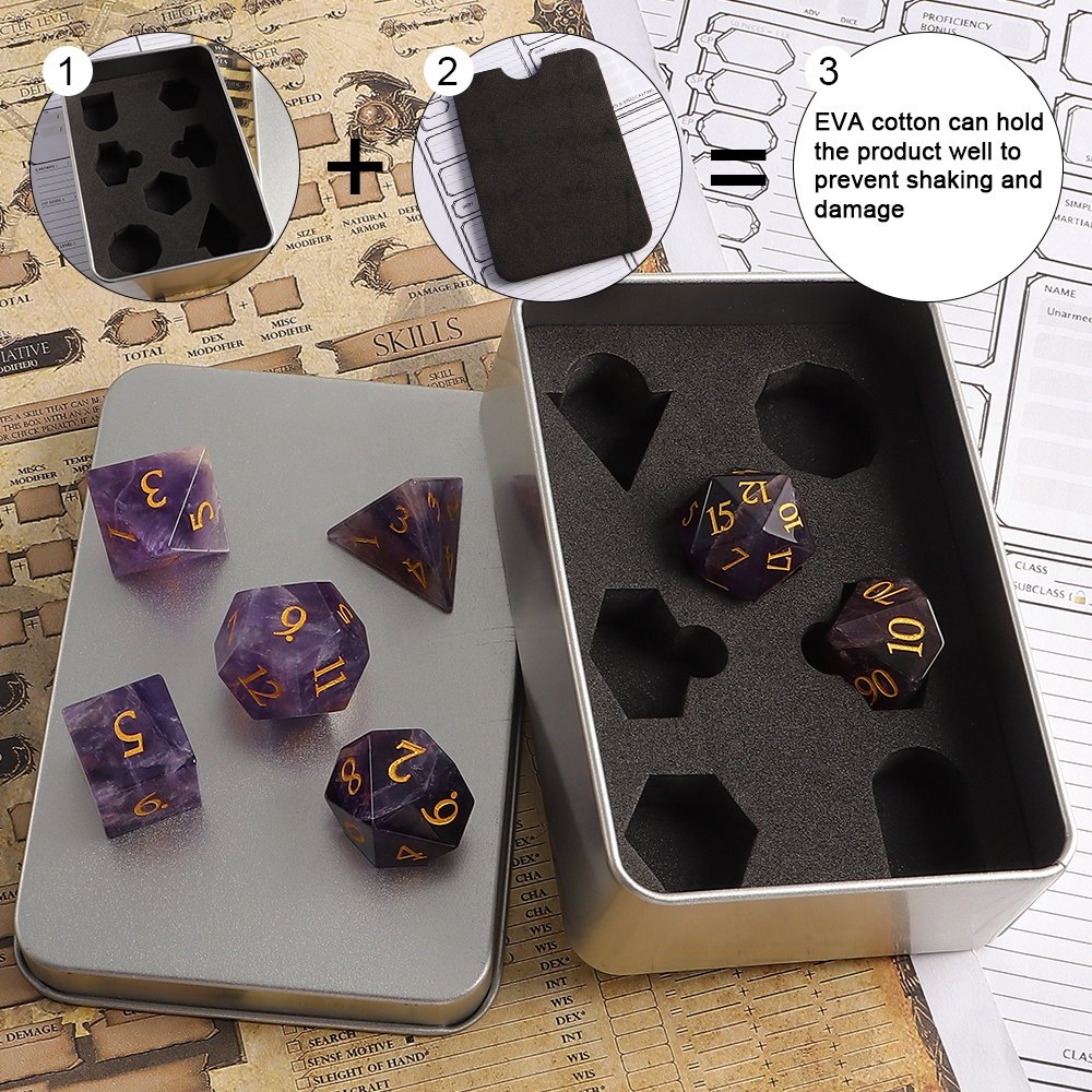 Dices Manufacturer Custom Logo Natural Stone RPG DND Polyhedral Gemstone Amethyst Dice Set