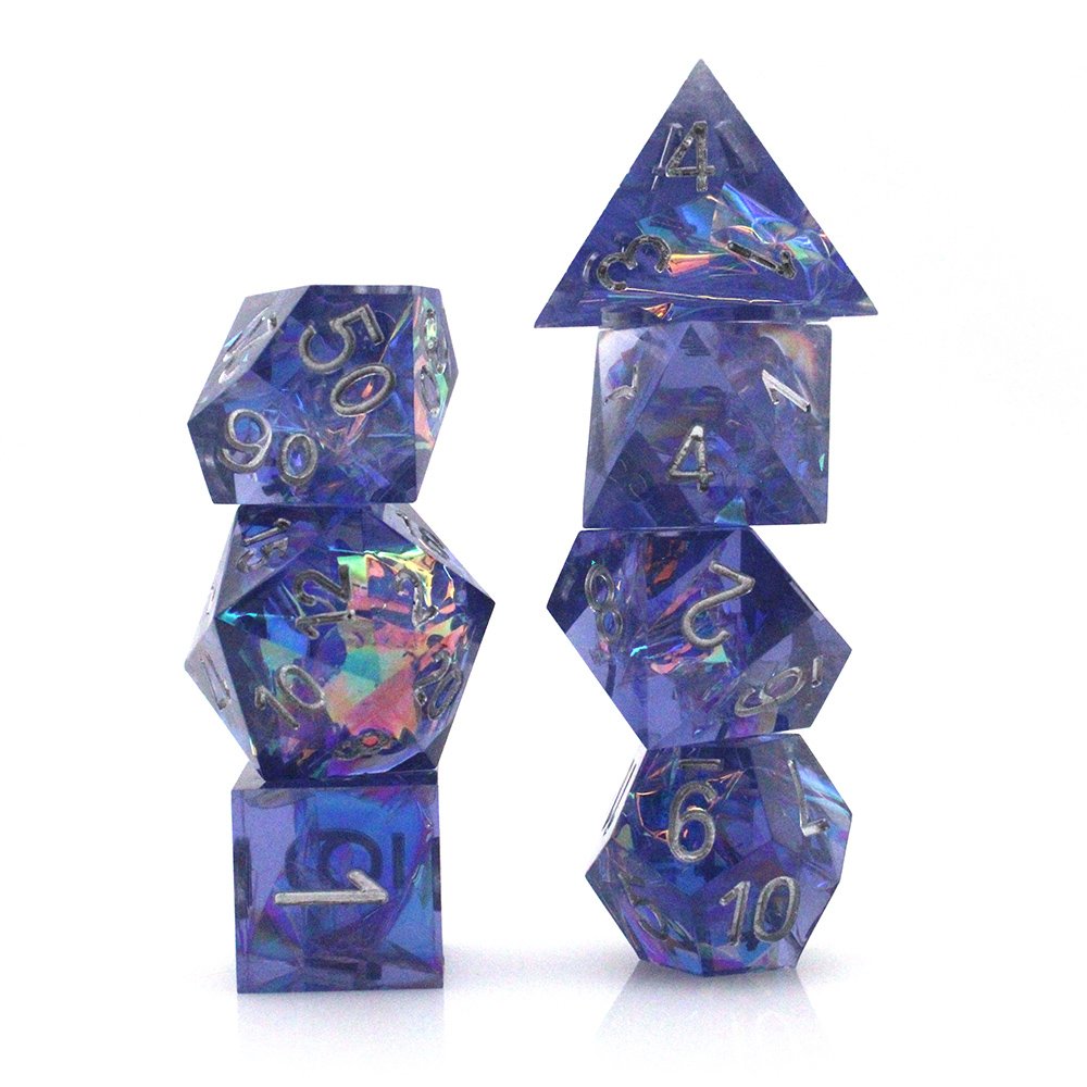 Customized Rpg Resin Sharp Plastic Acrylic Dices Christmas Blue Amethyst Carved Dice Wholesale
