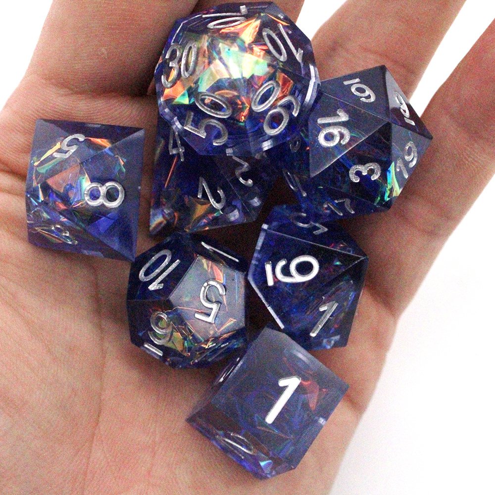 Customized Rpg Resin Sharp Plastic Acrylic Dices Christmas Blue Amethyst Carved Dice Wholesale