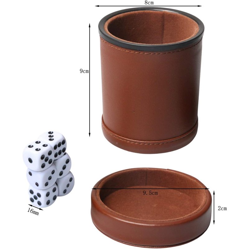 Leather Dice Cup with Lid Including 6 Matching Pearl Dice Use for Liars Dice Farkle Yahtzee Board Games,