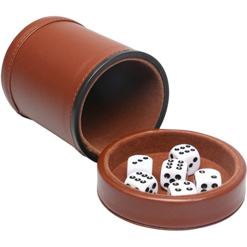 Leather Dice Cup with Lid Including 6 Matching Pearl Dice Use for Liars Dice Farkle Yahtzee Board Games,