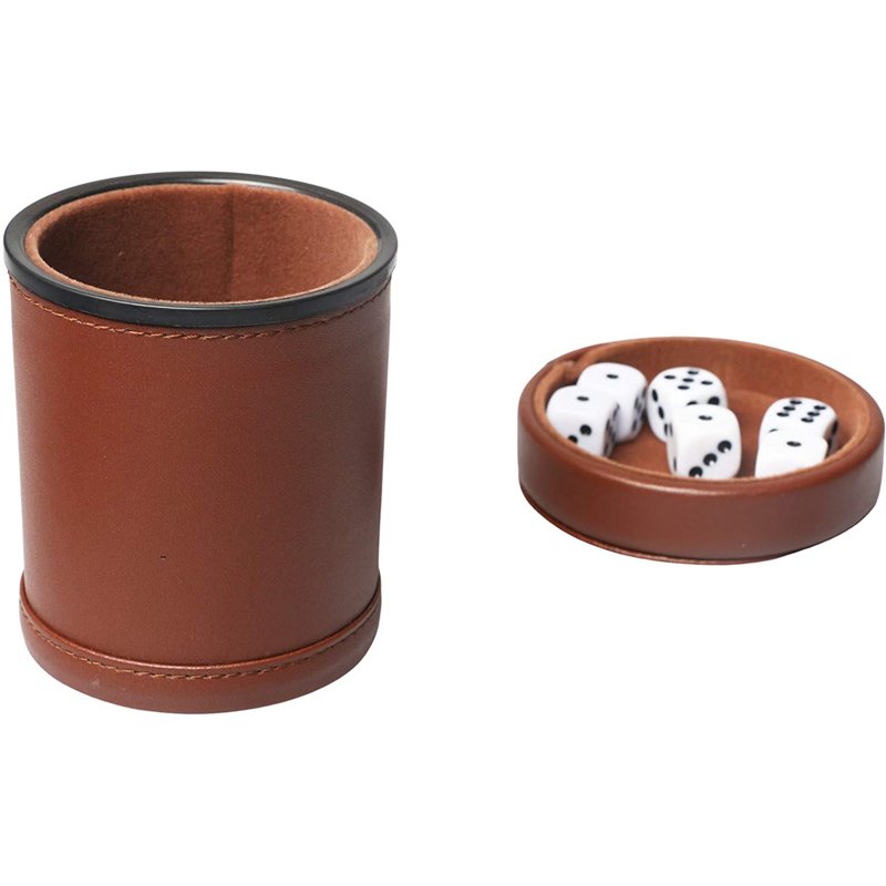 Leather Dice Cup with Lid Including 6 Matching Pearl Dice Use for Liars Dice Farkle Yahtzee Board Games,