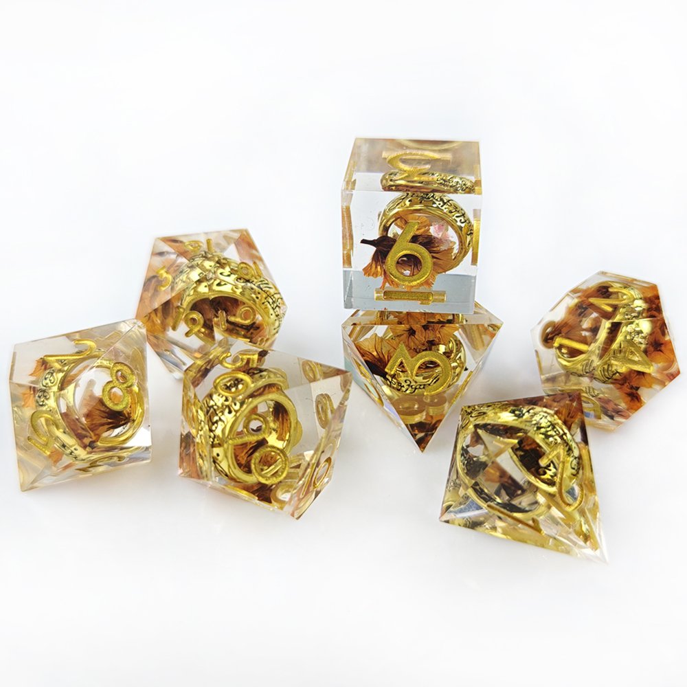 Flower Dice Set with Ring Inside Polyhedral Resin Dice with Sharp Edges for Dungeons and Dragons Pathfinder RPG Game Dice