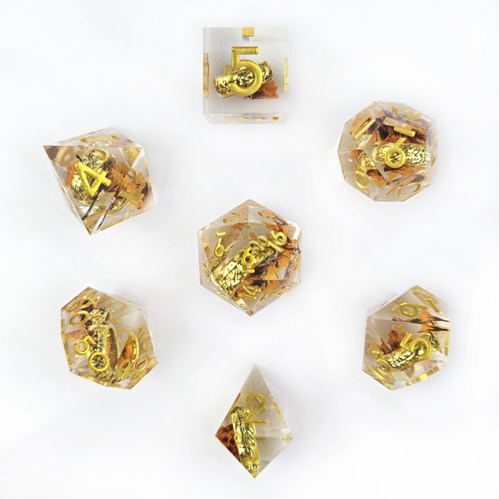 Flower Dice Set with Ring Inside Polyhedral Resin Dice with Sharp Edges for Dungeons and Dragons Pathfinder RPG Game Dice