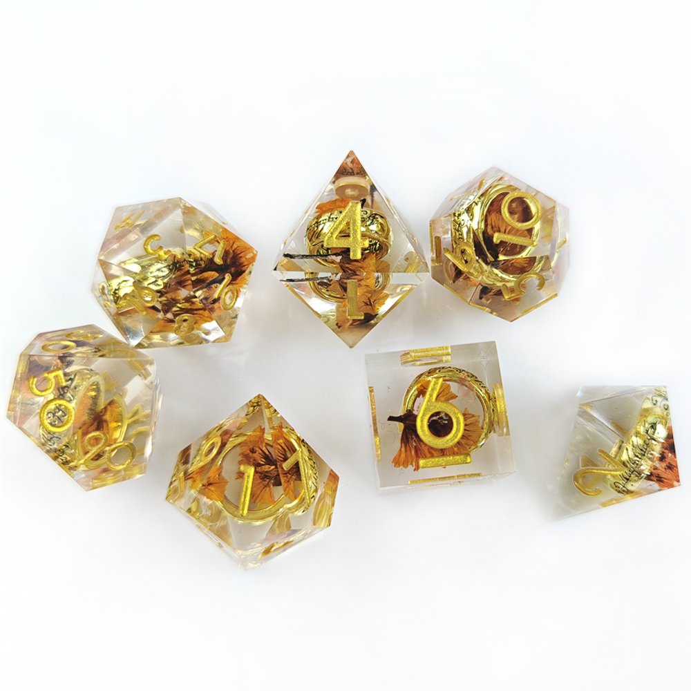 Flower Dice Set with Ring Inside Polyhedral Resin Dice with Sharp Edges for Dungeons and Dragons Pathfinder RPG Game Dice