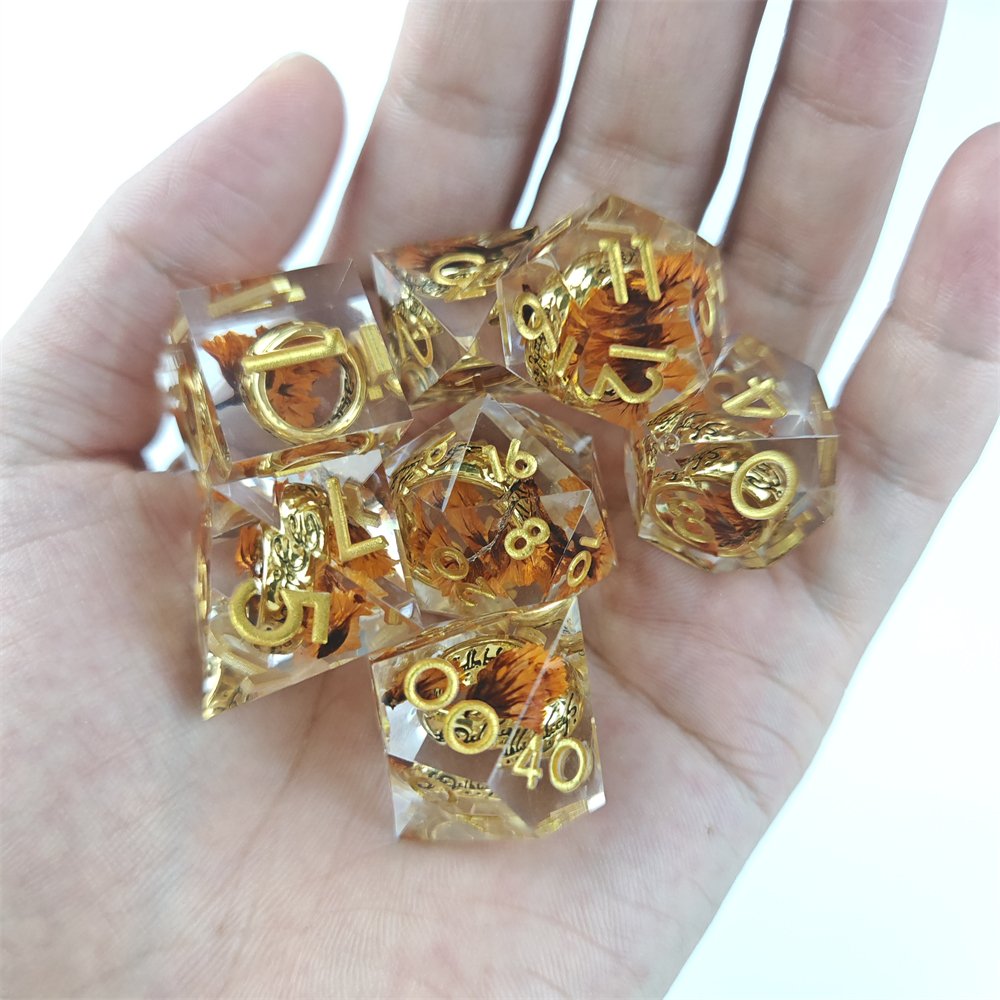 Flower Dice Set with Ring Inside Polyhedral Resin Dice with Sharp Edges for Dungeons and Dragons Pathfinder RPG Game Dice