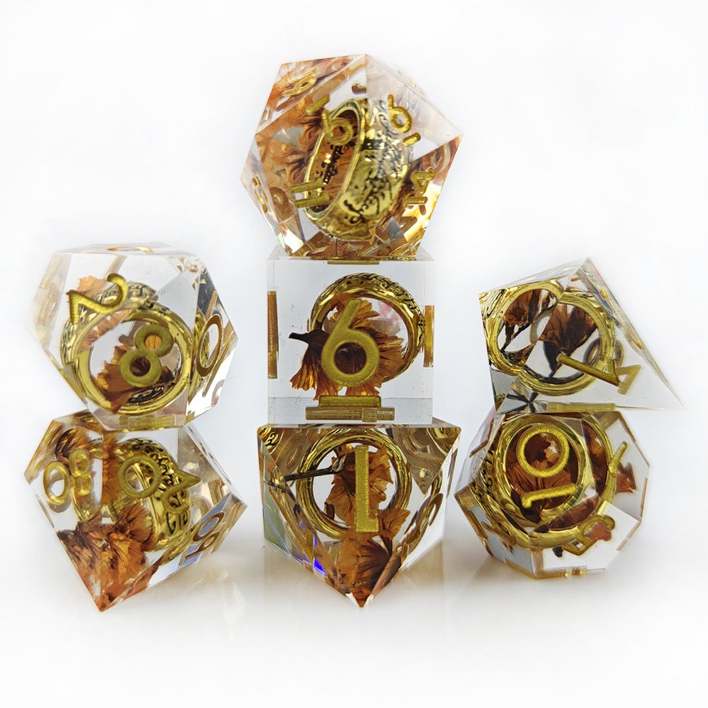 Flower Dice Set with Ring Inside Polyhedral Resin Dice with Sharp Edges for Dungeons and Dragons Pathfinder RPG Game Dice