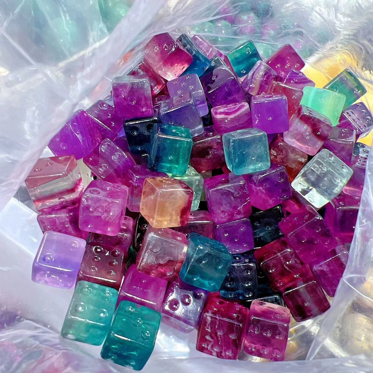 Factory Price Wholesale Bulk Crystal Crafts Natural Rainbow Fluorite Cube Dice For Bar Night Promotional Gift
