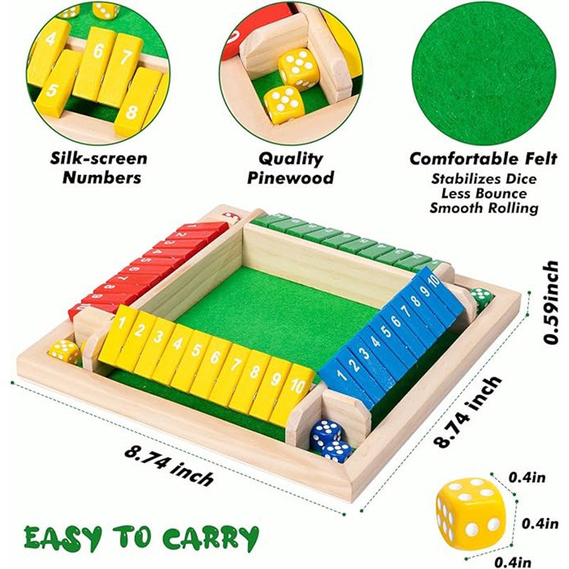 Shut The Box Dice Game 8 Dice 4 Players Wooden dice Game Perfect for Parties Easy to Learn Tabletop Version and Pub Board Game