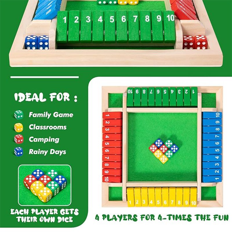 Shut The Box Dice Game 8 Dice 4 Players Wooden dice Game Perfect for Parties Easy to Learn Tabletop Version and Pub Board Game