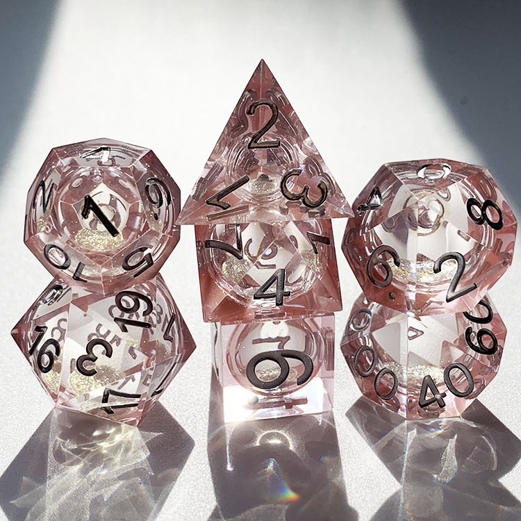 Custom Complete D4 D6 D8 D10 D12 D20 Liquid Heart Filled Core Sharp Edge Resin Polyhedral Dice Liquid Core Handmade 12 Sided Bal