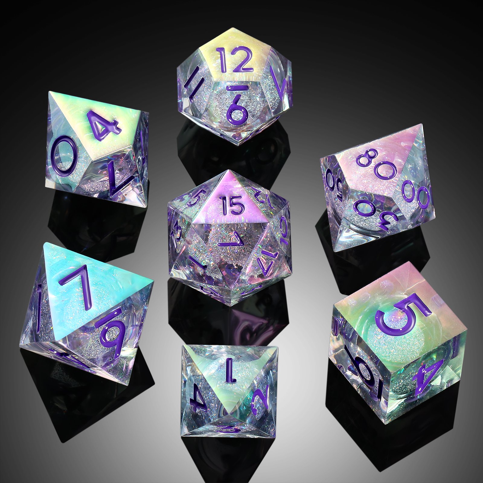 Rainbow iridescent plating Polyhedral Sharp Edge Resin Dice Set D&D Custom DnD Dice Liquid Core Dice for Dungeons and Dragons