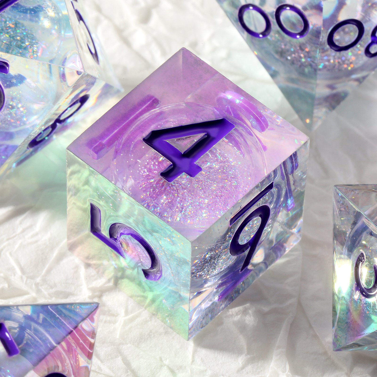 Rainbow iridescent plating Polyhedral Sharp Edge Resin Dice Set D&D Custom DnD Dice Liquid Core Dice for Dungeons and Dragons