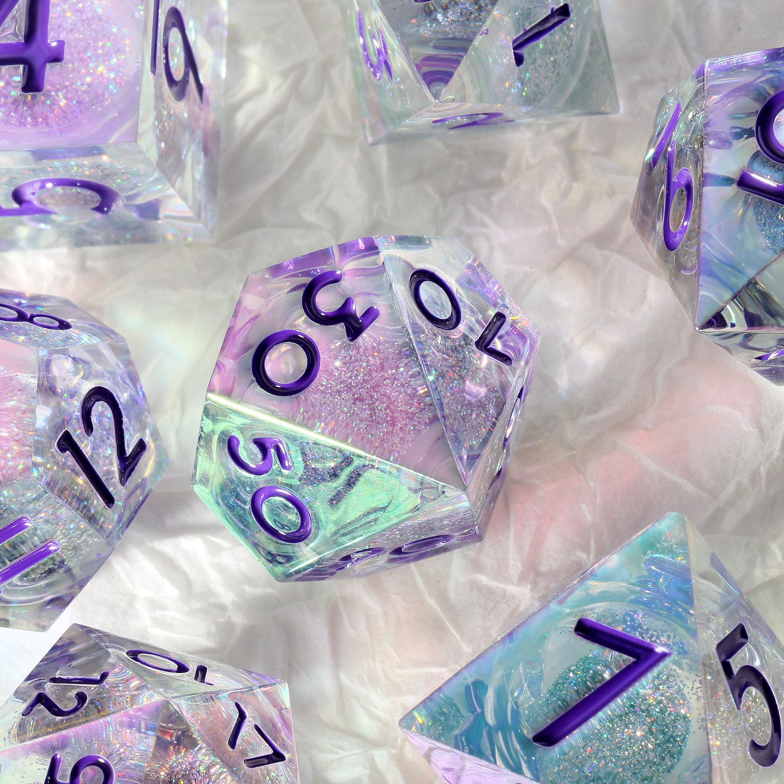 Rainbow iridescent plating Polyhedral Sharp Edge Resin Dice Set D&D Custom DnD Dice Liquid Core Dice for Dungeons and Dragons