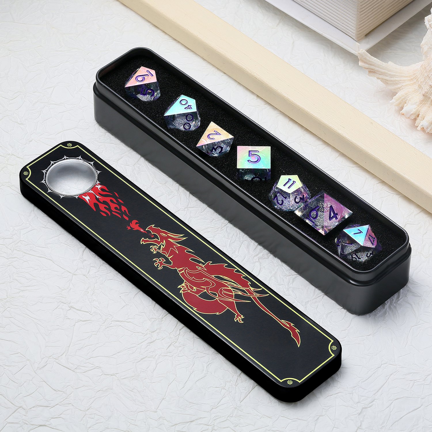 Rainbow iridescent plating Polyhedral Sharp Edge Resin Dice Set D&D Custom DnD Dice Liquid Core Dice for Dungeons and Dragons