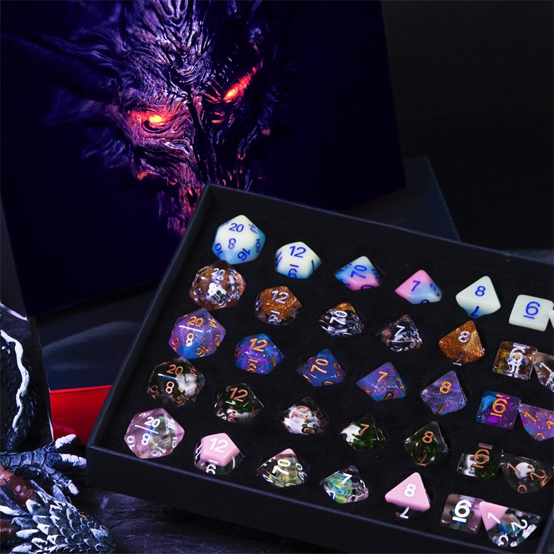 Udixi custom Polyhedral resin dice Dragons and Warriors Demon Gift Box with 5 Sets of Random Resin Dice