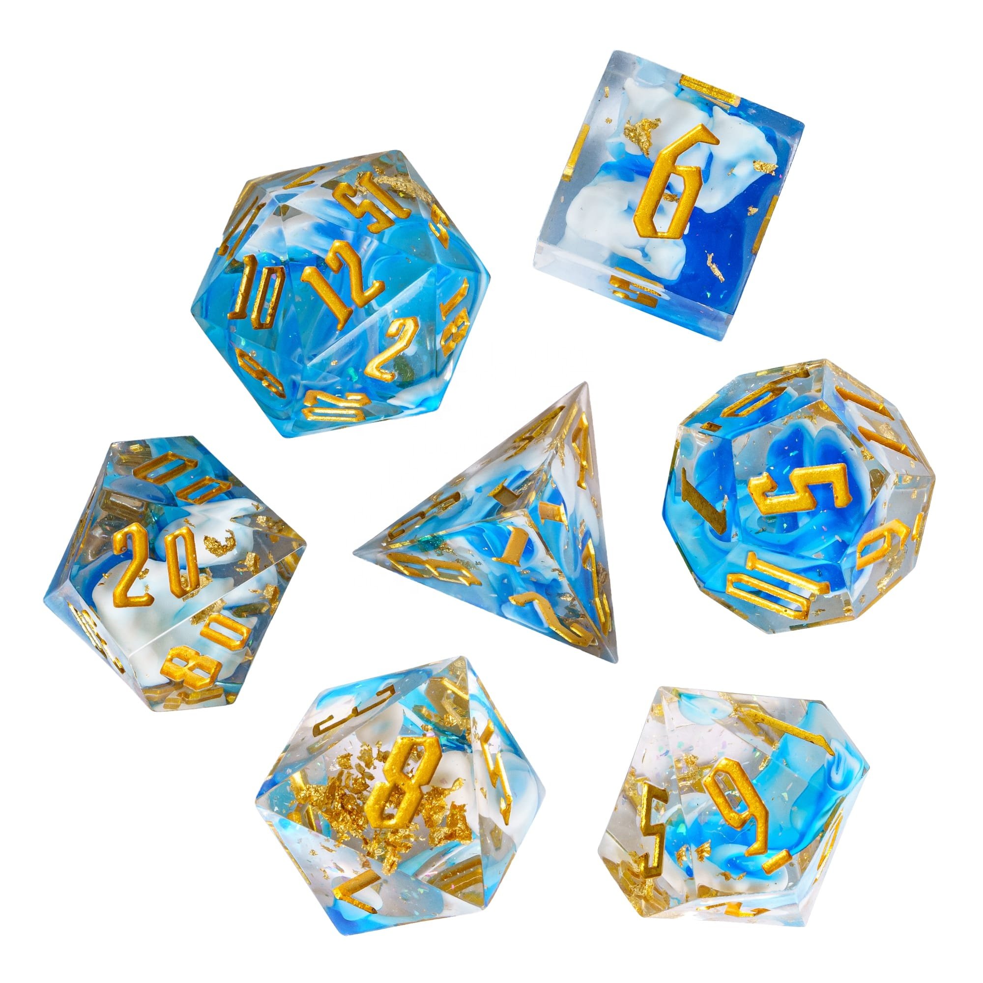 Udixi Sharp Edge Dice Dungeons and Dragons custom logo Board Games RPG Swirl Gold Foil Dice Set Blue