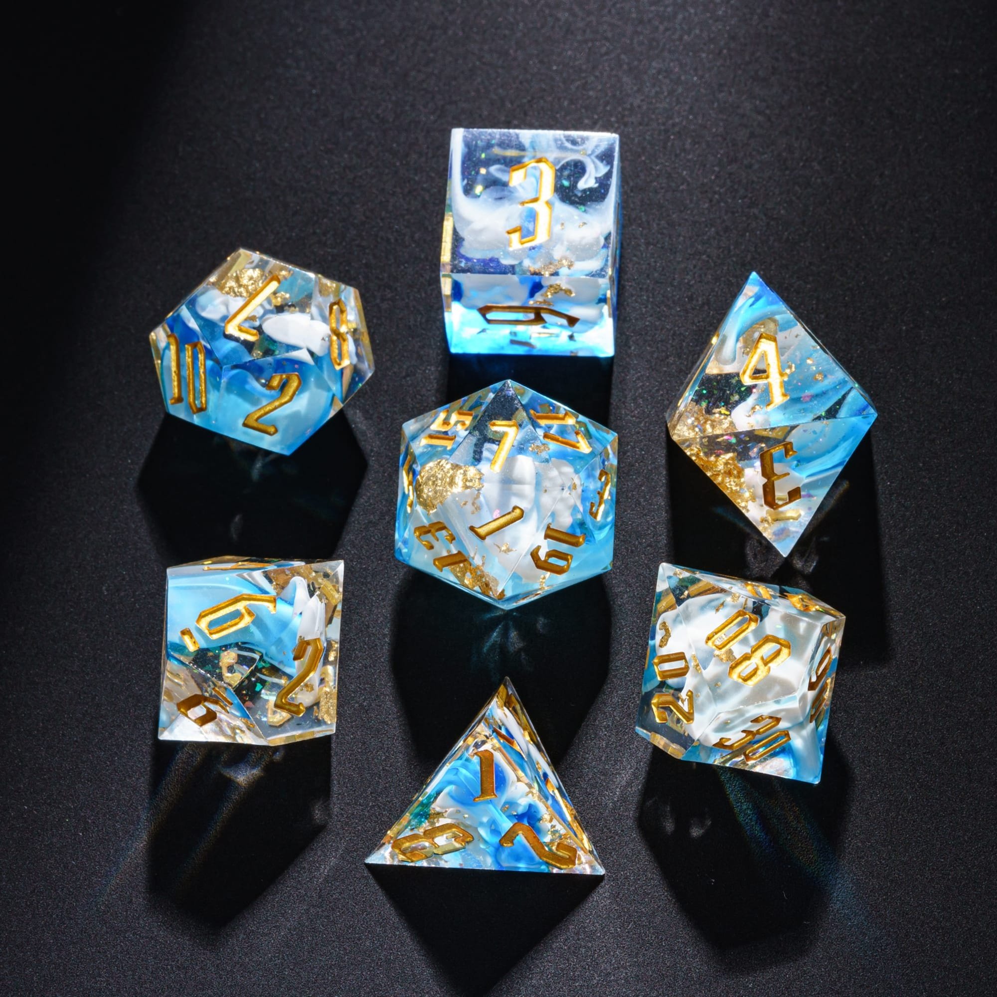 Udixi Sharp Edge Dice Dungeons and Dragons custom logo Board Games RPG Swirl Gold Foil Dice Set Blue