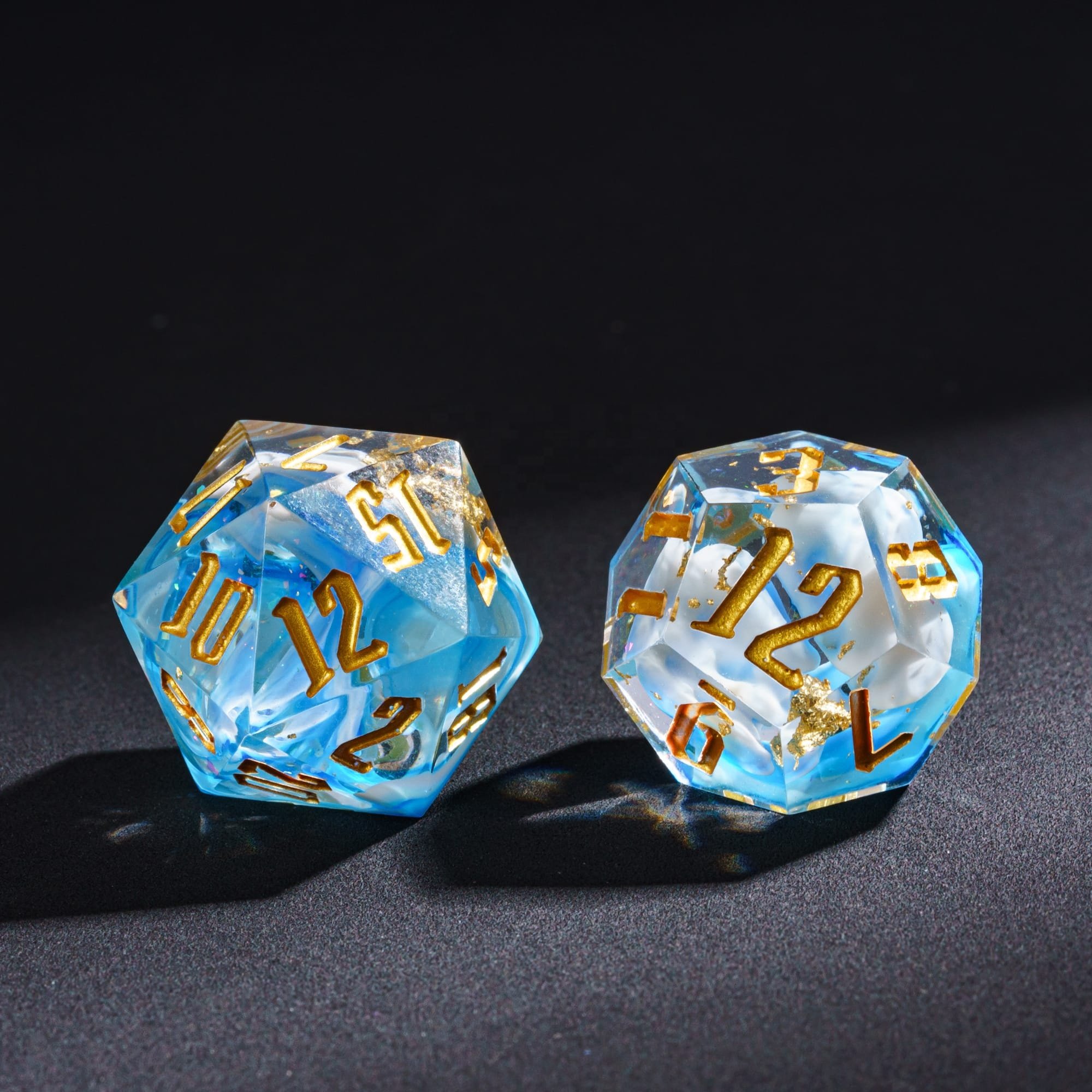 Udixi Sharp Edge Dice Dungeons and Dragons custom logo Board Games RPG Swirl Gold Foil Dice Set Blue