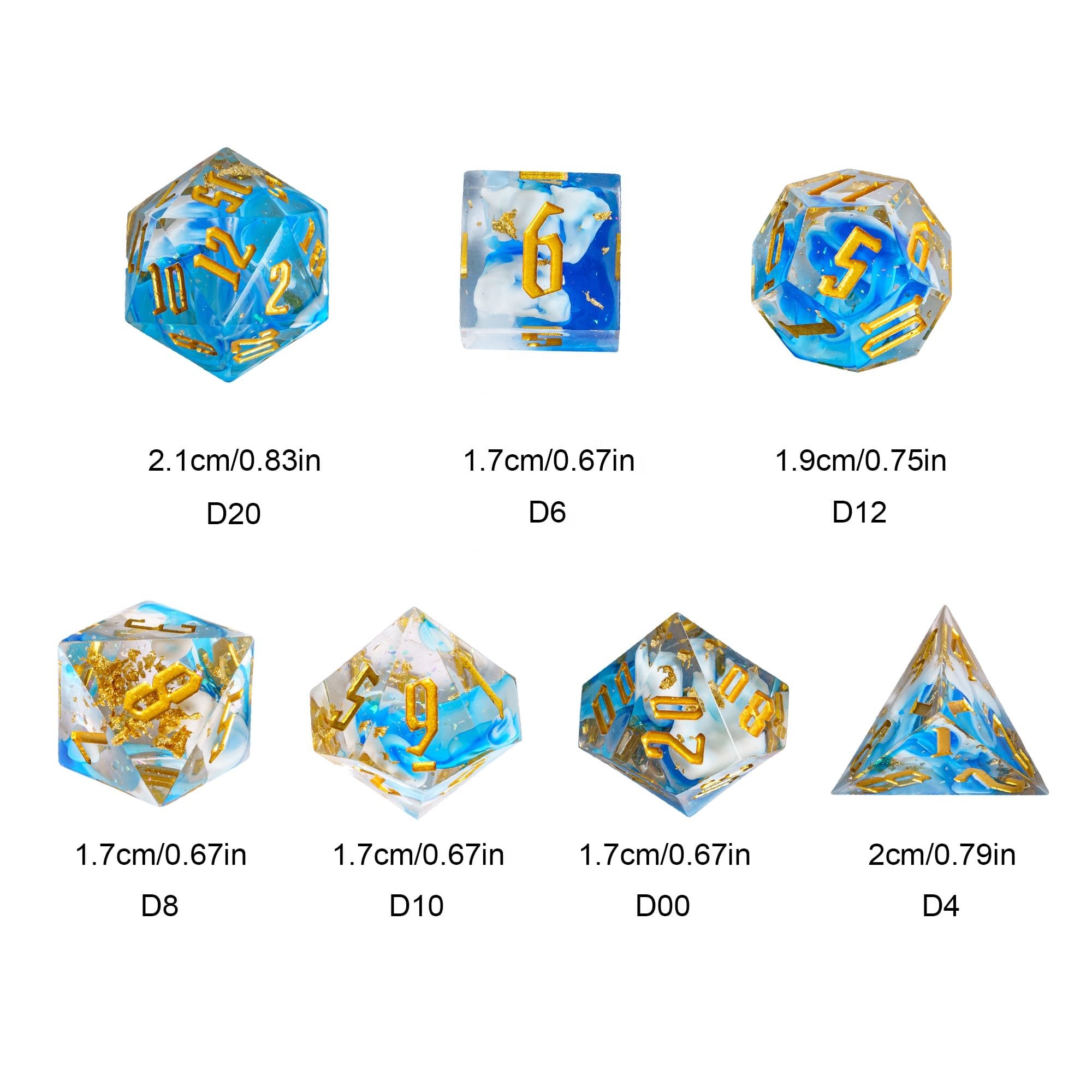 Udixi Sharp Edge Dice Dungeons and Dragons custom logo Board Games RPG Swirl Gold Foil Dice Set Blue