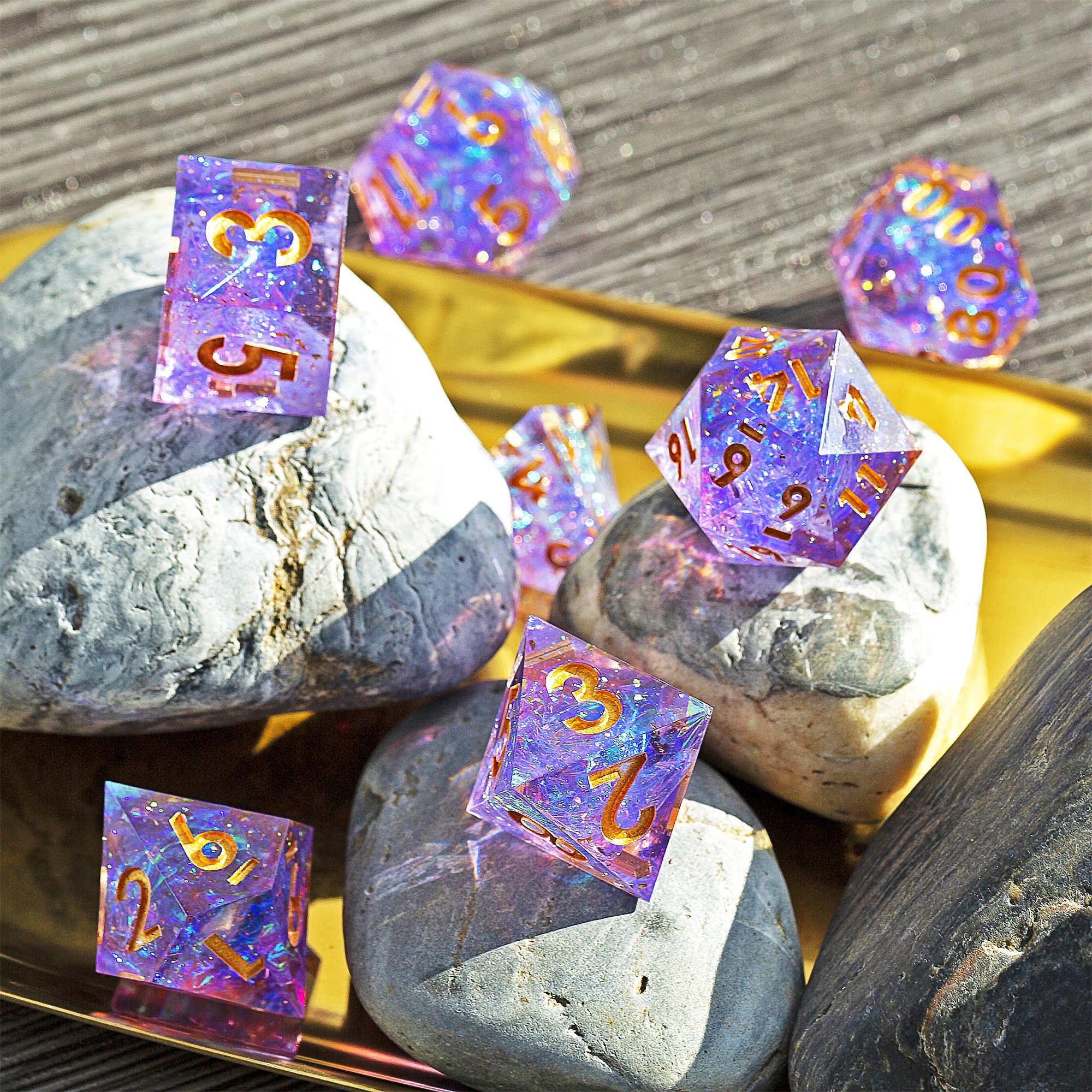 MINI PLANET Galaxy Purple DND Dice Set 7pcs Polyhedral Resin Dice For RPG Board Games Wholesale Custom DND Dice Set and D6 D20