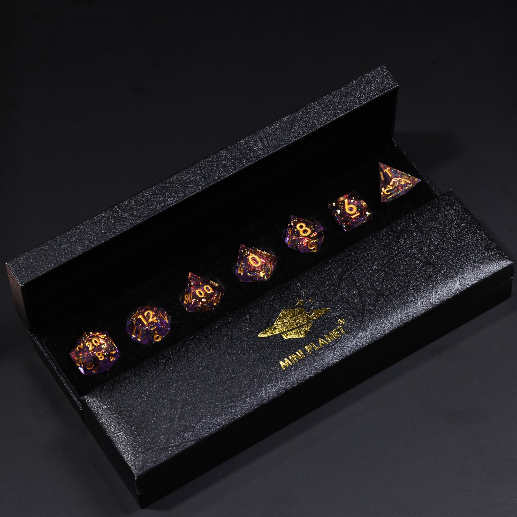 MINI PLANET Galaxy Purple DND Dice Set 7pcs Polyhedral Resin Dice For RPG Board Games Wholesale Custom DND Dice Set and D6 D20