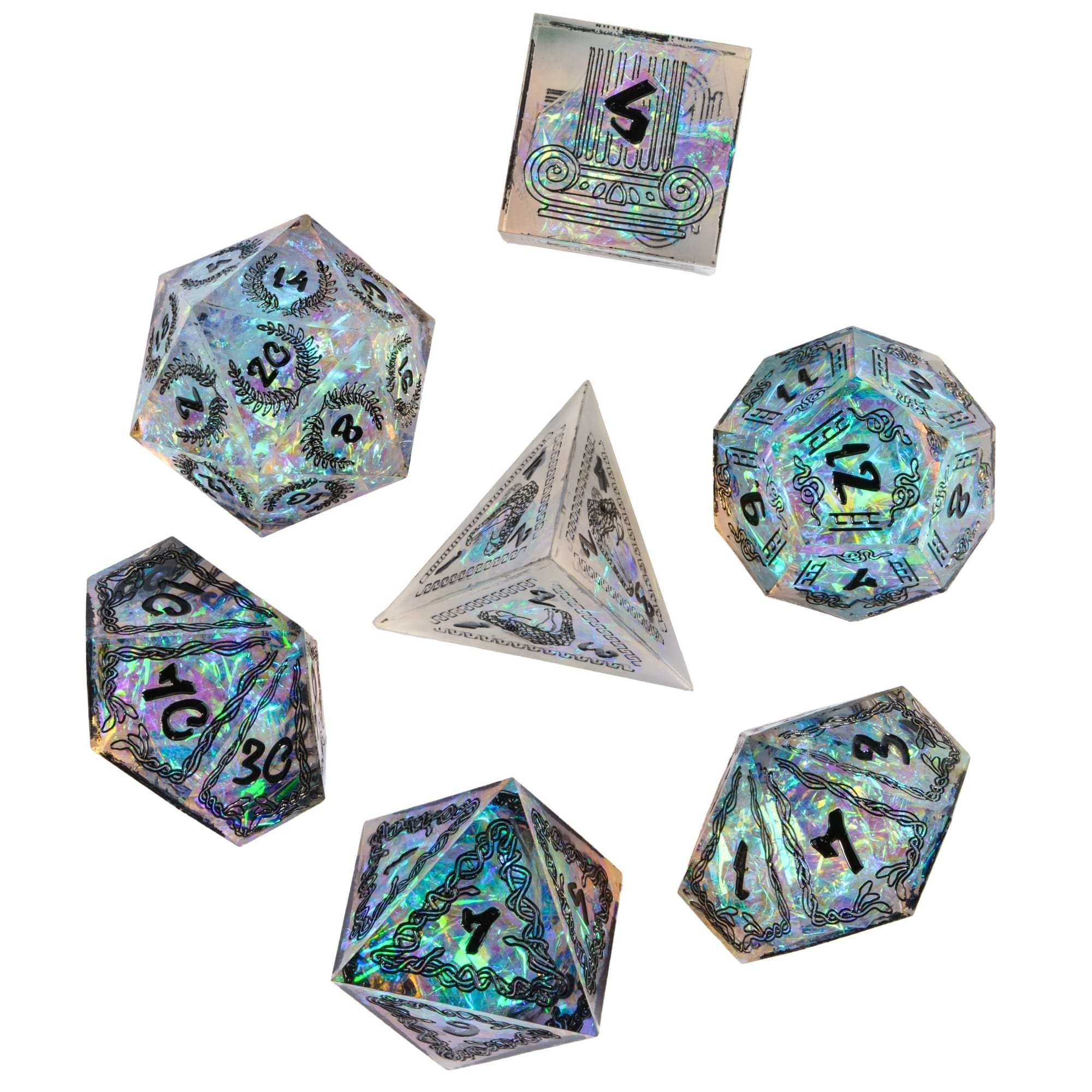 Udixi Polyhedral Custom Logo RPG dungeons and dragons resin sharp edge sides pattern Dice Set Green