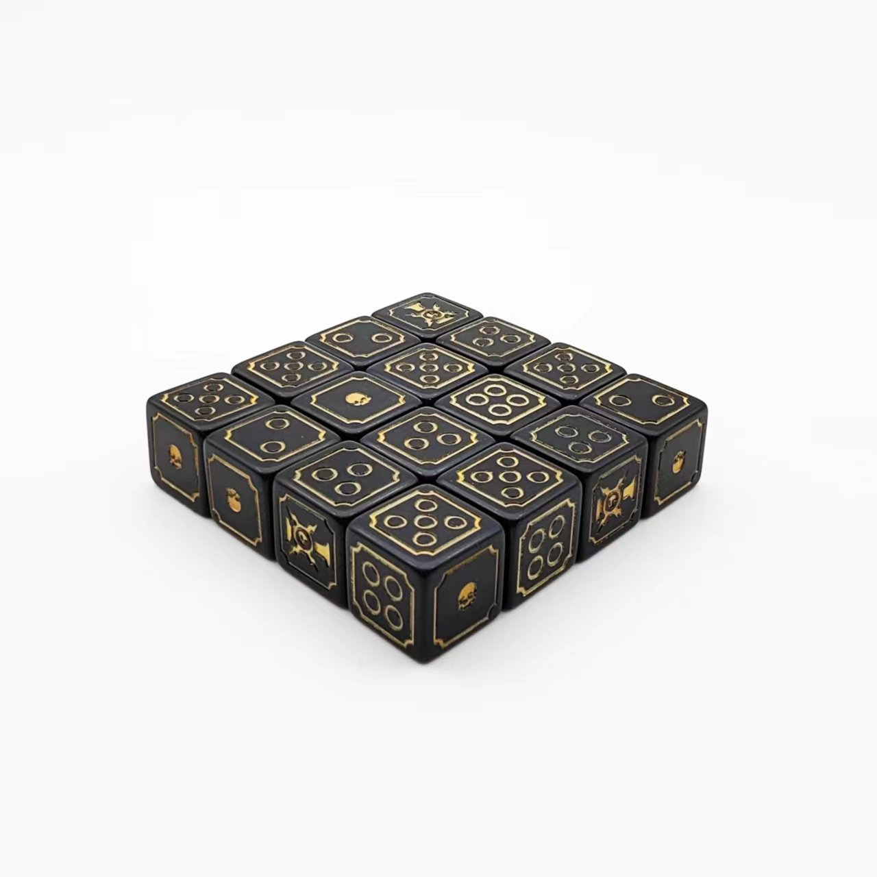 New Design Custom Logo Polyhedral D6 Resin Acrylic Black And Gold Board Game Casino Printed 16mm Dice Set