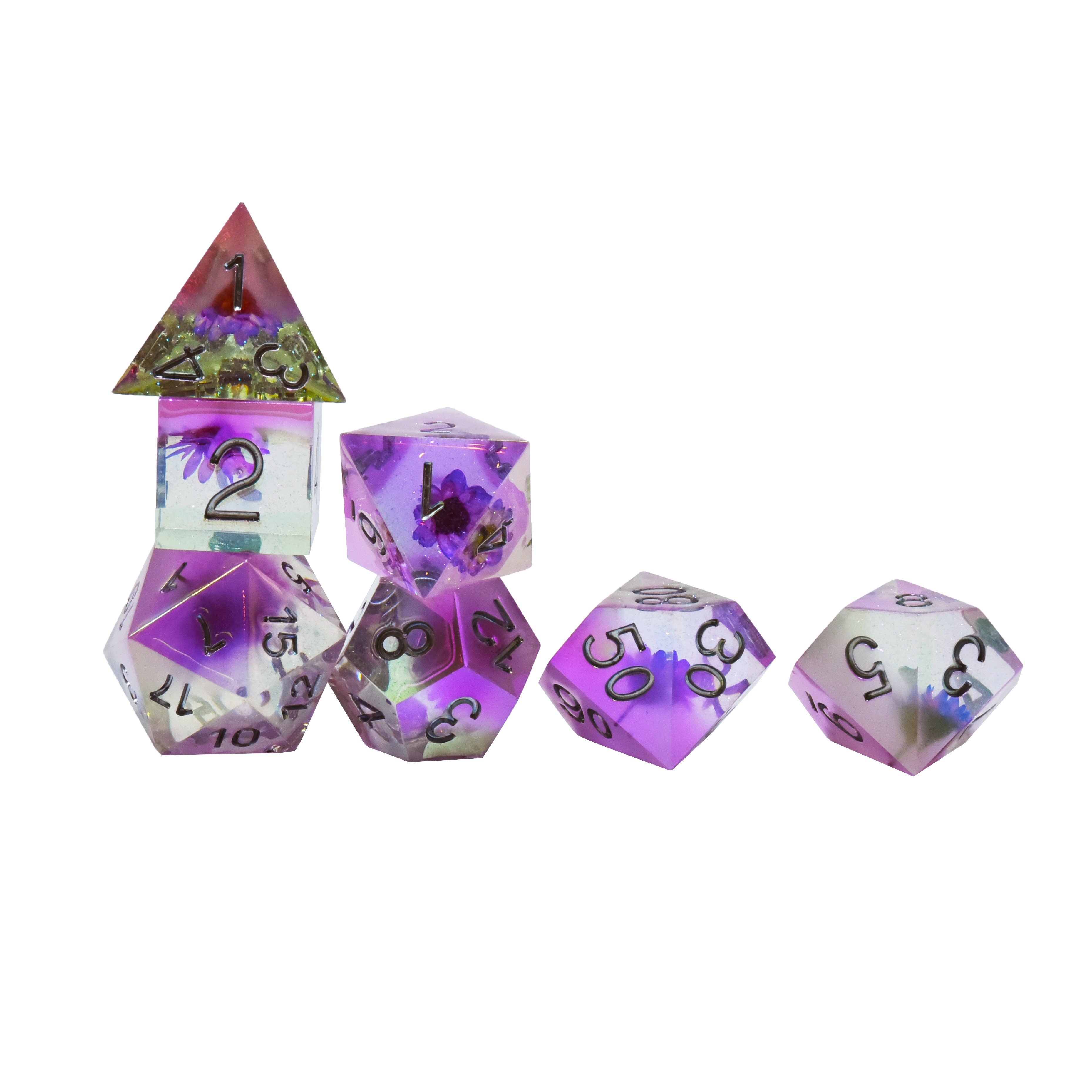7 Piece Bulk Polyhedral Transparent Resin D20 Dice Custom Logo RPG Role Playing Set for Dungeons and Dragons