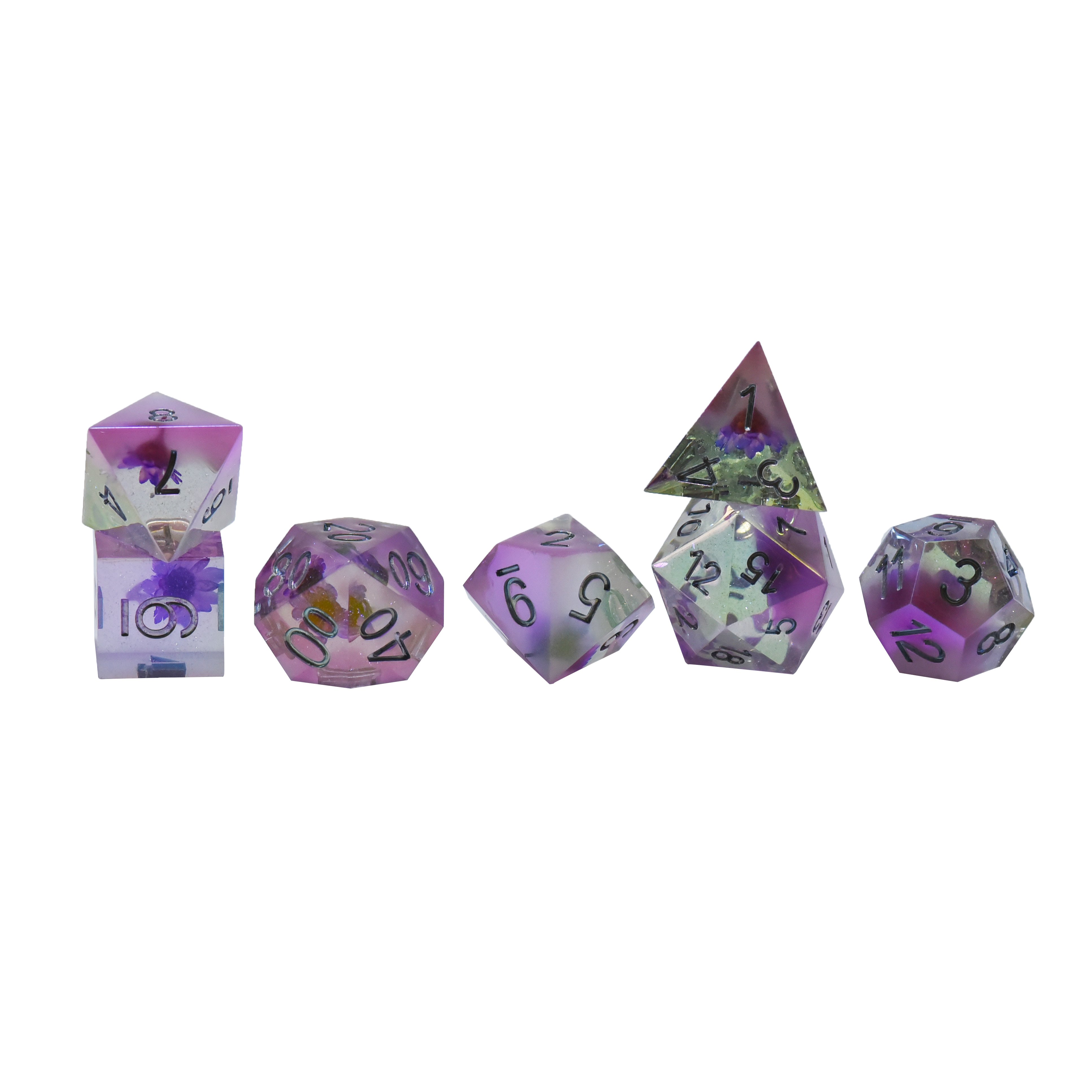 7 Piece Bulk Polyhedral Transparent Resin D20 Dice Custom Logo RPG Role Playing Set for Dungeons and Dragons