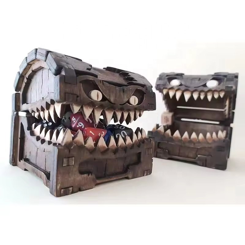 Funny Mimic Monster Treasure Chest Wooden Dice Box for Tabletop RPG Game