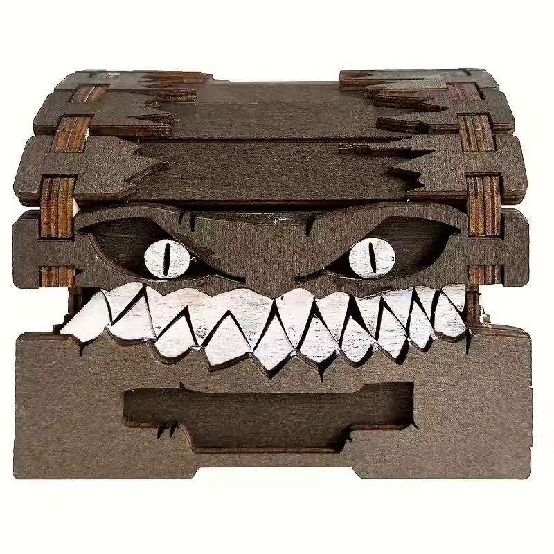 Funny Mimic Monster Treasure Chest Wooden Dice Box for Tabletop RPG Game