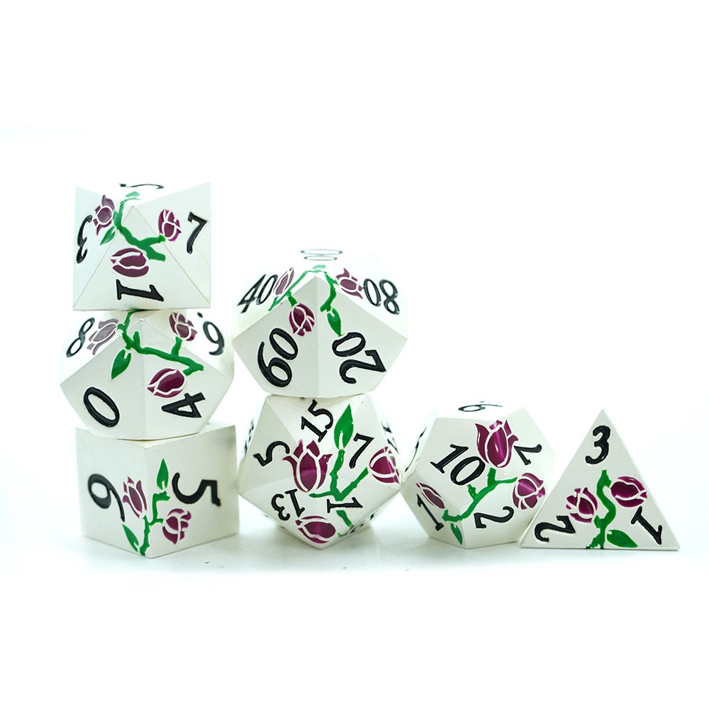 16Mm Metallic D&D Mini Polyhedral Dnd Dice Set Dungeons And Dragons Metal Red and Green Rose Pattern Dice For Roleplaying Games