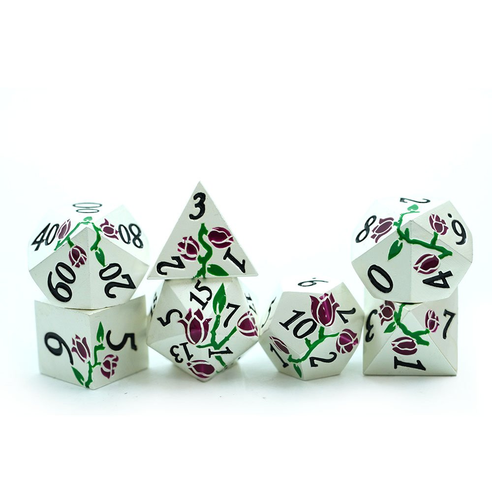 16Mm Metallic D&D Mini Polyhedral Dnd Dice Set Dungeons And Dragons Metal Red and Green Rose Pattern Dice For Roleplaying Games