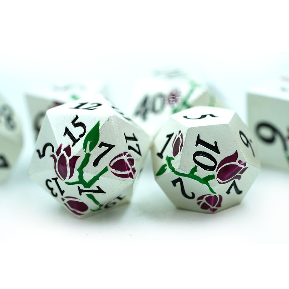16Mm Metallic D&D Mini Polyhedral Dnd Dice Set Dungeons And Dragons Metal Red and Green Rose Pattern Dice For Roleplaying Games