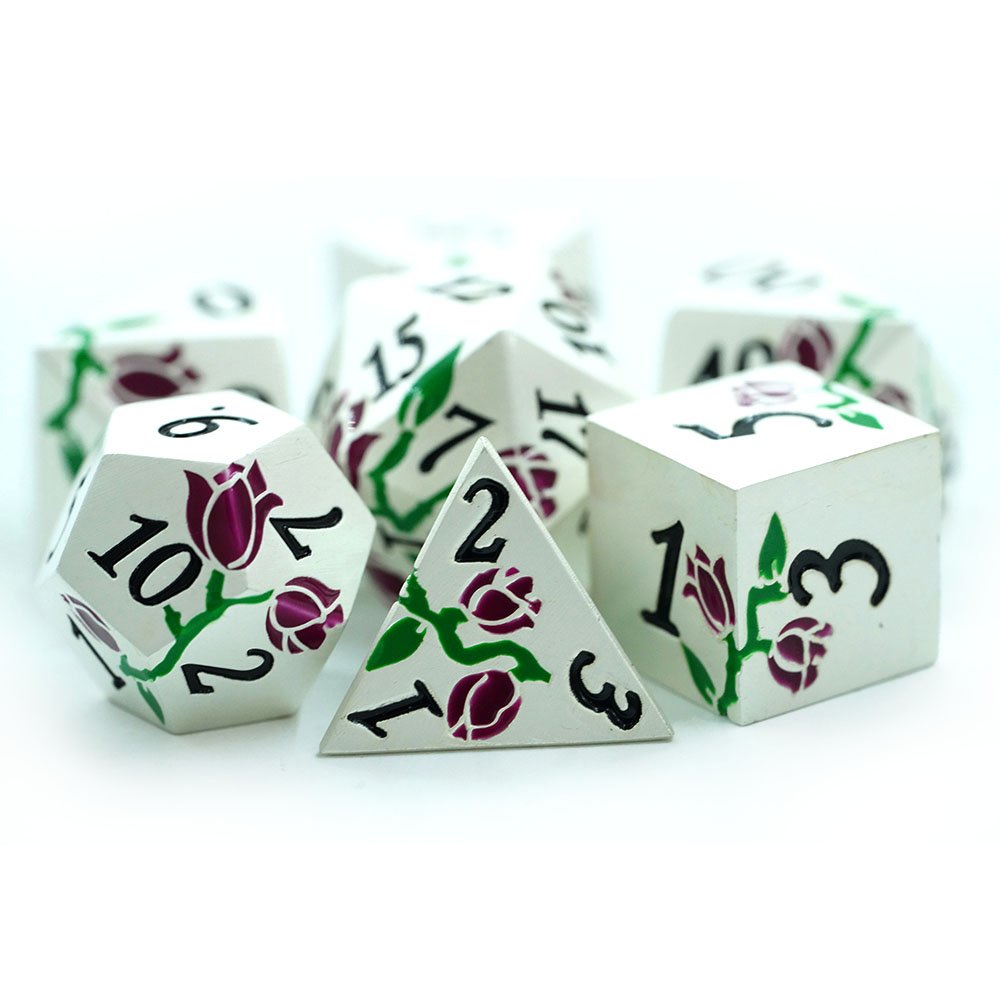 16Mm Metallic D&D Mini Polyhedral Dnd Dice Set Dungeons And Dragons Metal Red and Green Rose Pattern Dice For Roleplaying Games