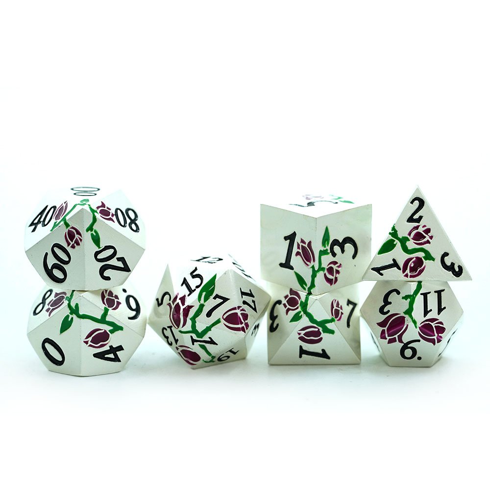 16Mm Metallic D&D Mini Polyhedral Dnd Dice Set Dungeons And Dragons Metal Red and Green Rose Pattern Dice For Roleplaying Games