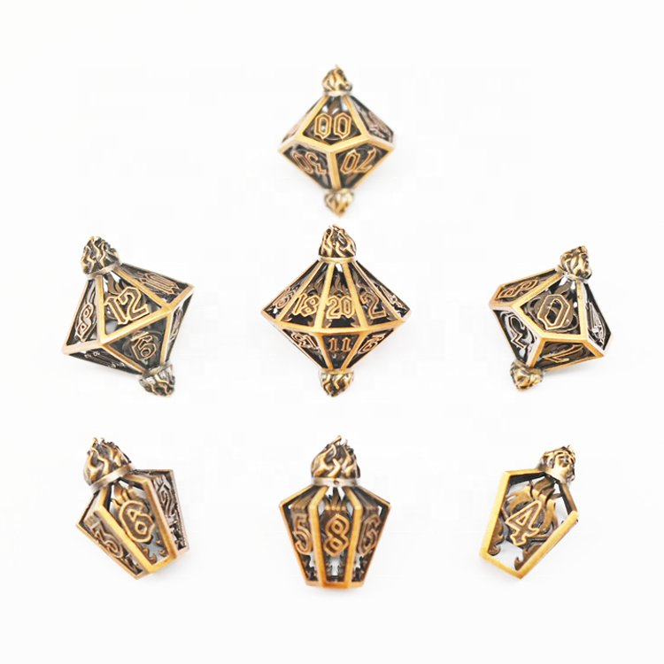 Wholesale Full sets Table Game Polyhedral DND Antique Gold Metal Dice Set with Case