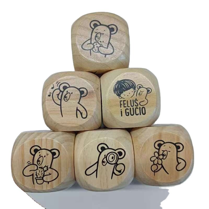Custom Pine Wooden Dice With Printing Icons For Board Game, Wooden Accessory For Game