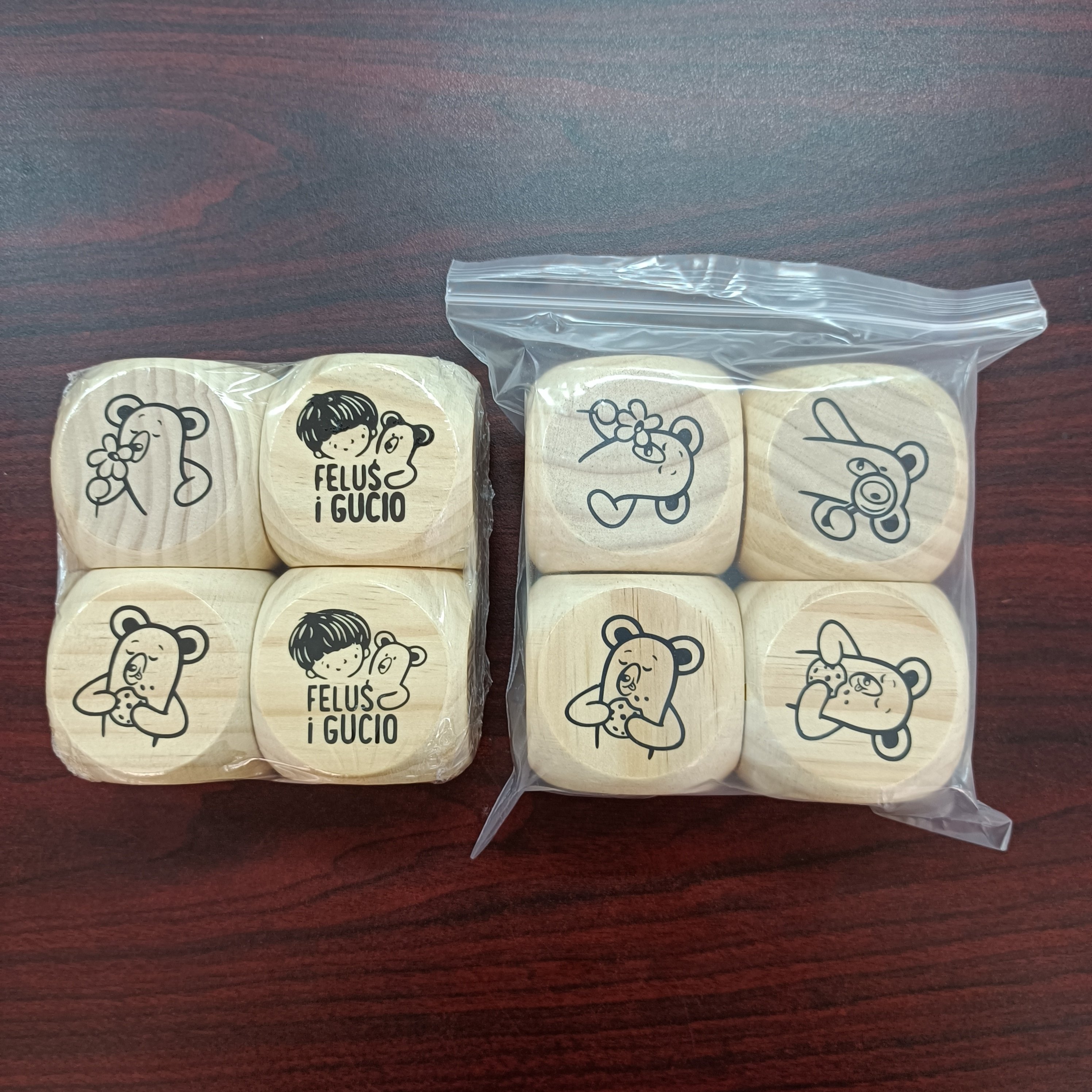 Custom Pine Wooden Dice With Printing Icons For Board Game, Wooden Accessory For Game