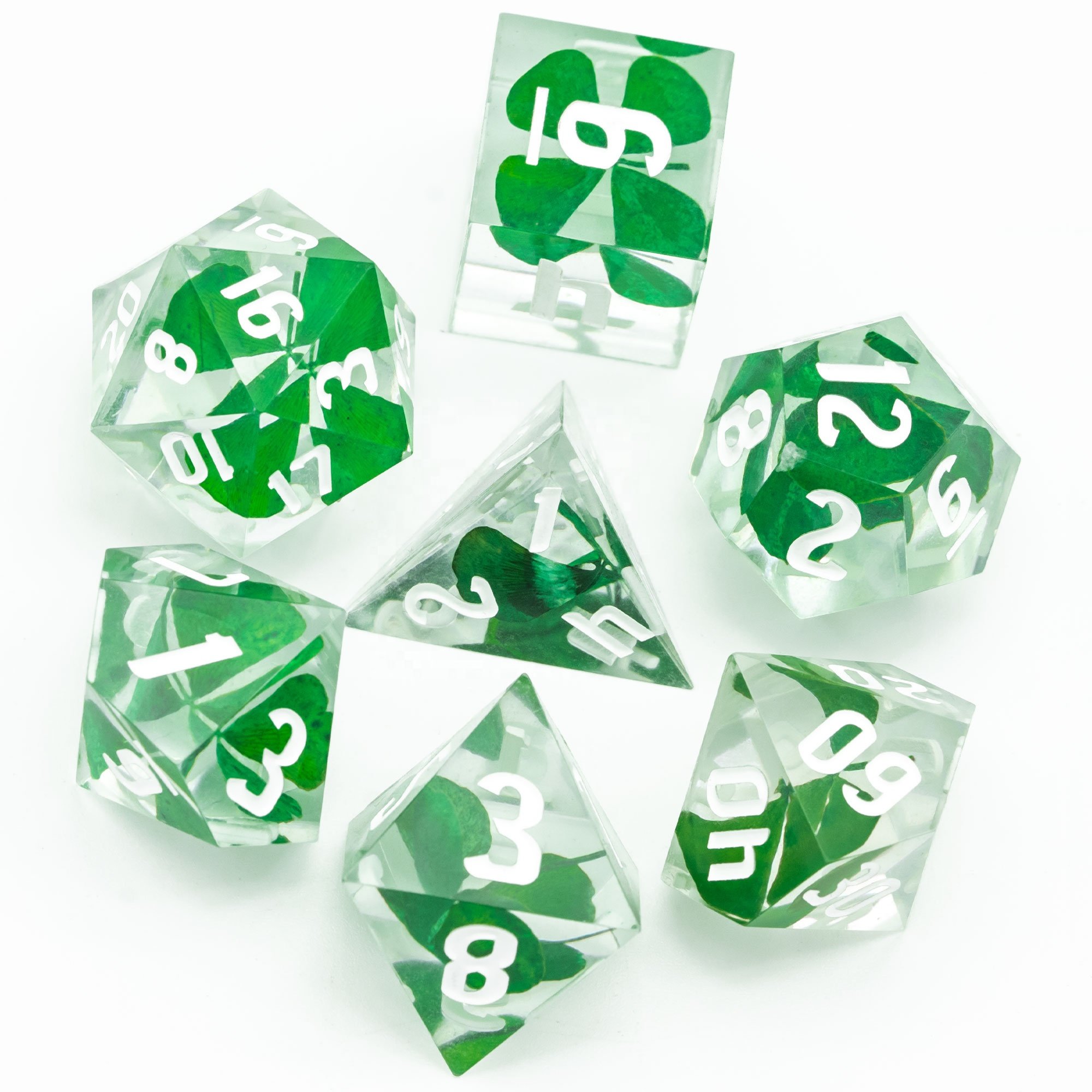 Udixi Resin RPG Dungeons and Dragons custom logo Sharp Edge Dice with Real Clover