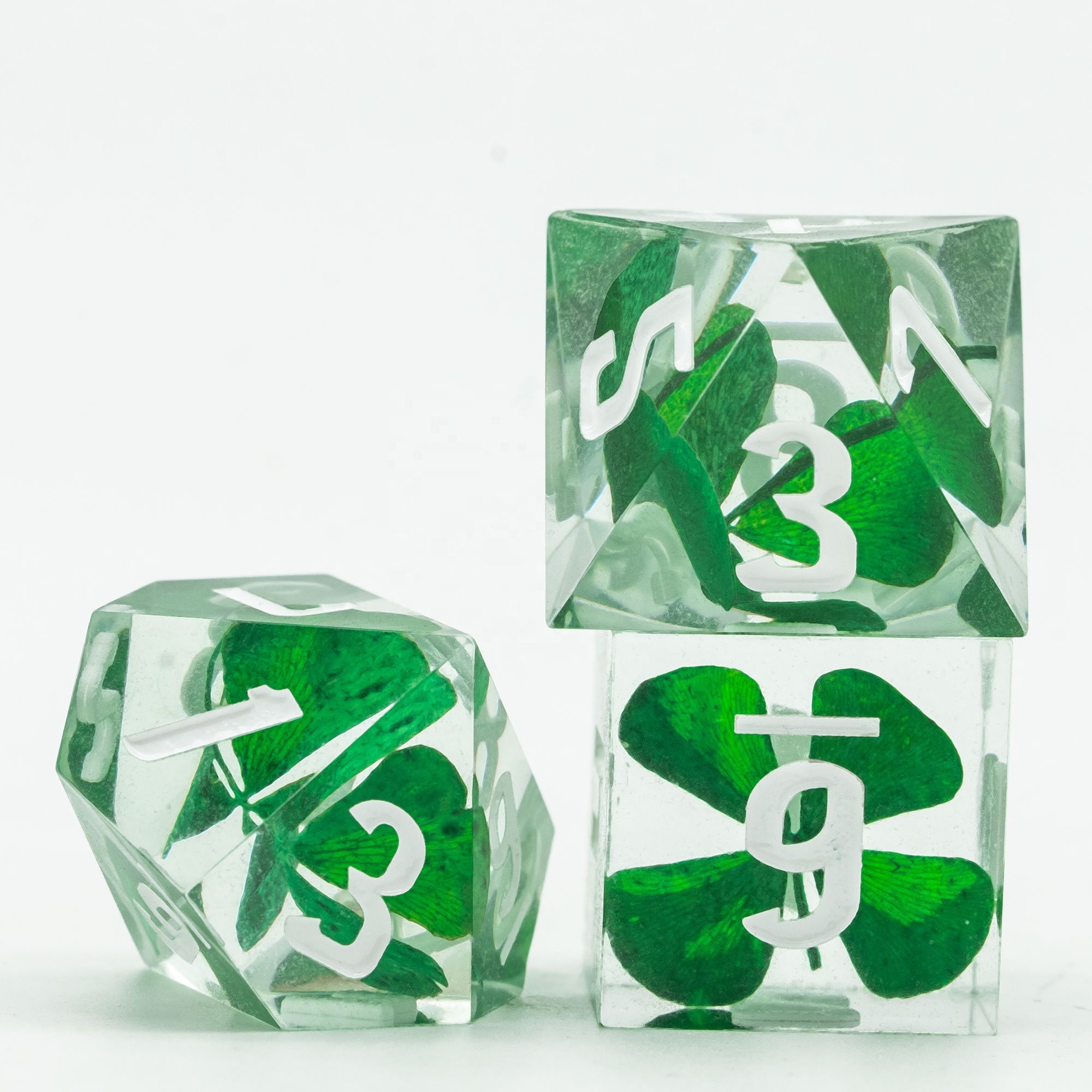 Udixi Resin RPG Dungeons and Dragons custom logo Sharp Edge Dice with Real Clover