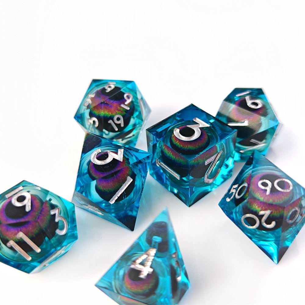 Polyhedral DND Dice Set for Dungeons & Dragons RPG Board Game Blue Transparent Dragon Eye Liquid Core Sharp Edge Resin Dice