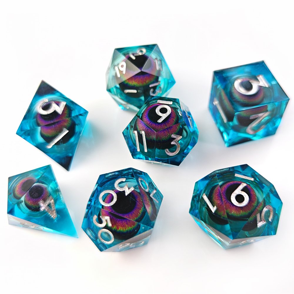 Polyhedral DND Dice Set for Dungeons & Dragons RPG Board Game Blue Transparent Dragon Eye Liquid Core Sharp Edge Resin Dice