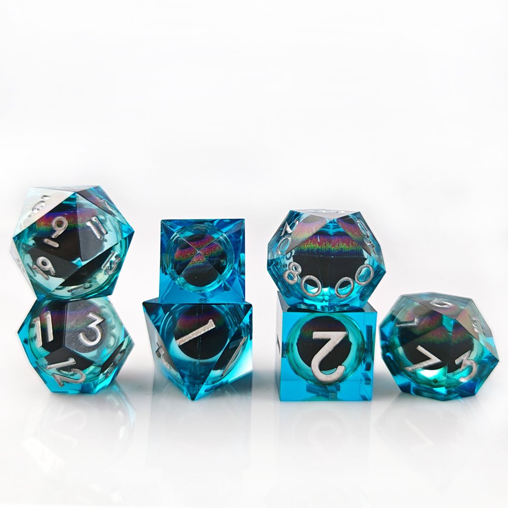 Polyhedral DND Dice Set for Dungeons & Dragons RPG Board Game Blue Transparent Dragon Eye Liquid Core Sharp Edge Resin Dice