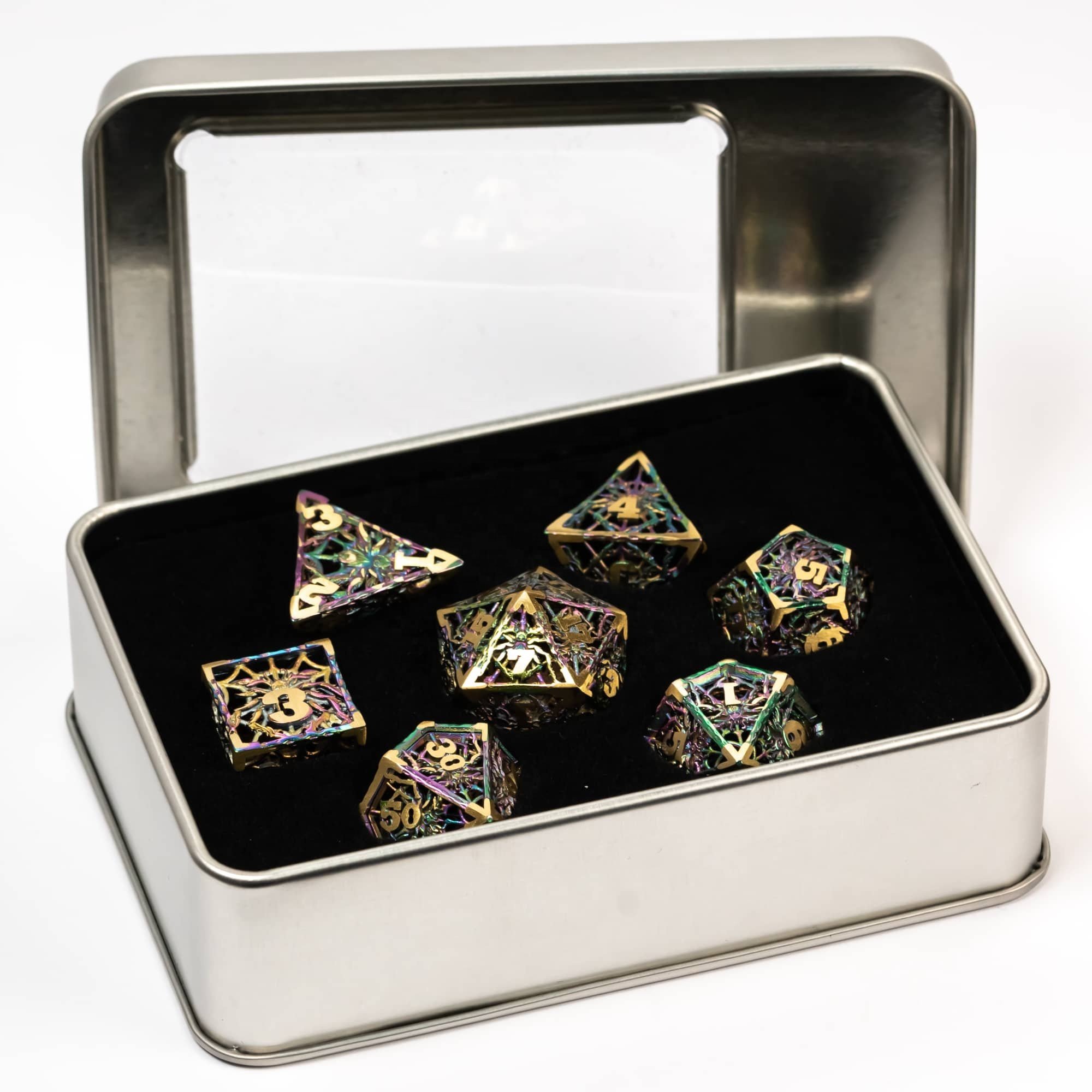Udixi Polyhedral custom logo rpg dungeons and dragons hollow metal spider dice game set