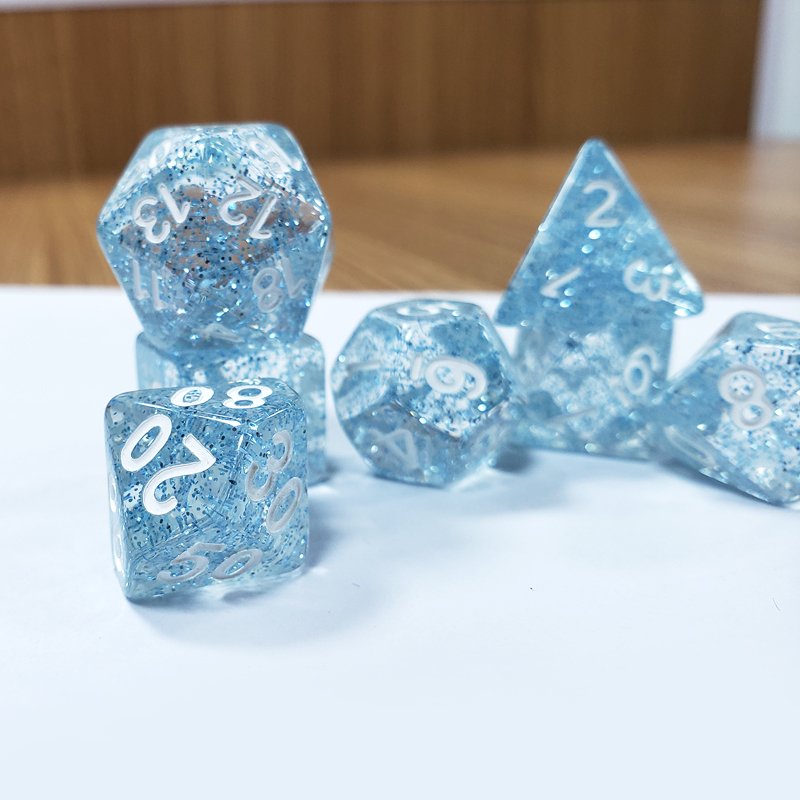 Custom Logo Resin Transparent Glitter Blue Polyhedral Board Games Dice Set For RPG D&D